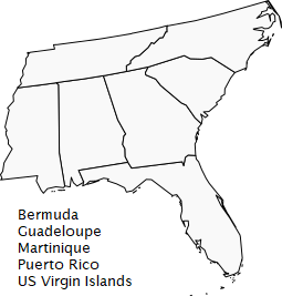 Map showing the states in the United States comprising the TICA Southeast Region